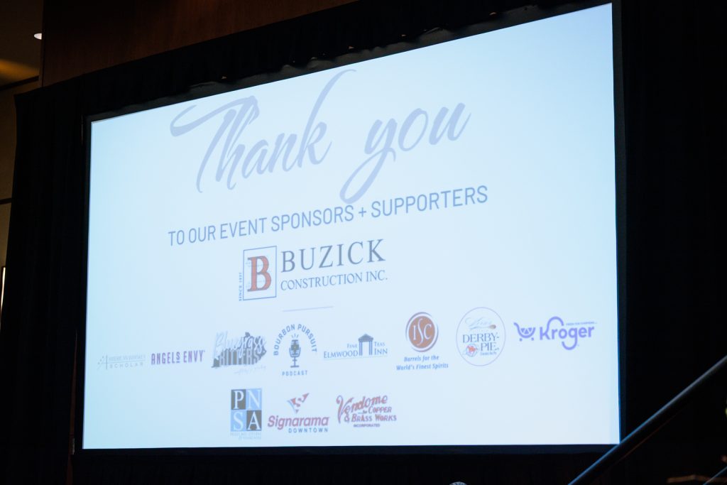 Sponsor thank-you screen at the 2026 Kentucky Bourbon Hall of Fame listing Vendome Copper & Brass Works