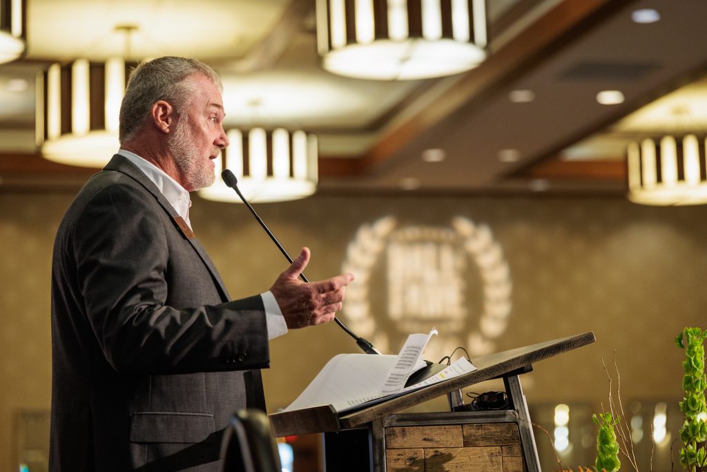 Shane Baker of Wilderness Trail Distillery giving his acceptance speech at the 2026 Kentucky Bourbon Hall of Fame
