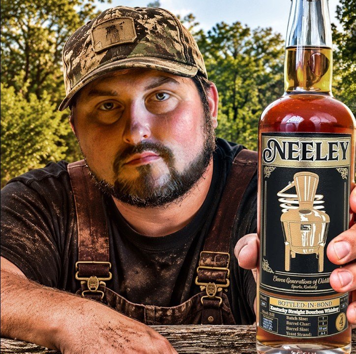 Neeley Family Distillery bourbon bottle with a still on its label, from Brewzle's visit to Sparta, Kentucky